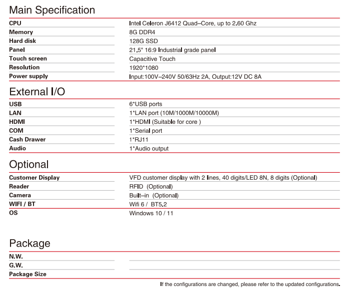 Self-Service Kiosk Floor Stand POS system specifications